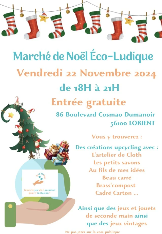 Marché de Noël écoludique dans les locaux de l'association Jeux rejoue avec L'Artelier de Cloth, vendredi 22 novembre 2024 de 18h à 21h.